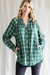 Green Plaid Button Down Long Sleeve Maternity Top