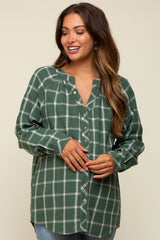 Green Plaid Button Down Long Sleeve Maternity Top