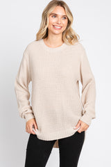 Beige Waffle Knit Round Hem Sweater