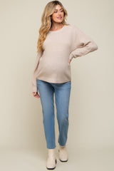 Beige Waffle Knit Round Hem Maternity Sweater