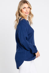 Navy Blue Waffle Knit Round Hem Sweater