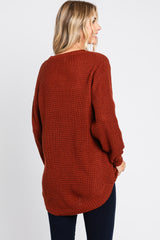 Rust Waffle Knit Round Hem Sweater