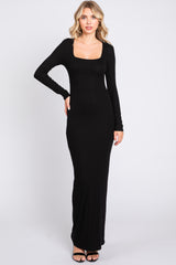 Black Ribbed Long Sleeve Square Neck Maternity Maxi Dress