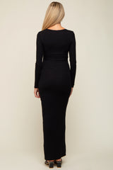 Black Ribbed Long Sleeve Square Neck Maternity Maxi Dress