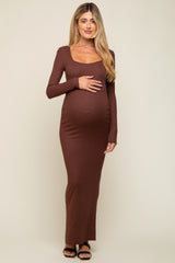 Brown Ribbed Long Sleeve Square Neck Maternity Maxi Dress