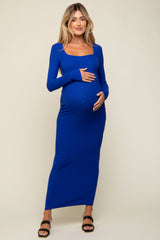 Royal Ribbed Long Sleeve Square Neck Maternity Maxi Dress