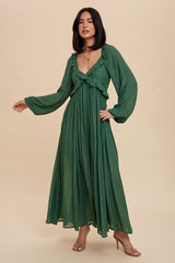 Hunter Green Long Sleeve Ruffle Accent Maternity Maxi Dress