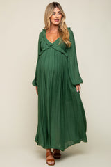 Hunter Green Long Sleeve Ruffle Accent Maternity Maxi Dress