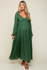 Hunter Green Long Sleeve Ruffle Accent Maternity Maxi Dress