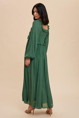 Hunter Green Long Sleeve Ruffle Accent Maxi Dress