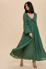 Hunter Green Long Sleeve Ruffle Accent Maxi Dress