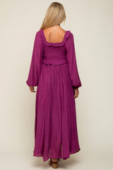 Plum Long Sleeve Ruffle Accent Maternity Maxi Dress