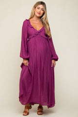 Plum Long Sleeve Ruffle Accent Maternity Maxi Dress