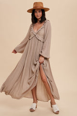 Taupe Long Sleeve Ruffle Accent Maxi Dress