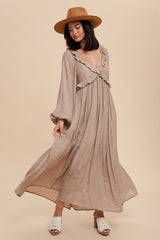 Taupe Long Sleeve Ruffle Accent Maxi Dress