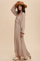 Taupe Long Sleeve Ruffle Accent Maxi Dress