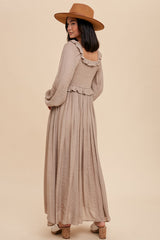 Taupe Long Sleeve Ruffle Accent Maxi Dress