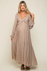 Taupe Long Sleeve Ruffle Accent Maternity Maxi Dress