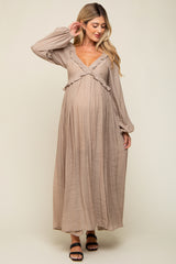 Taupe Long Sleeve Ruffle Accent Maternity Maxi Dress