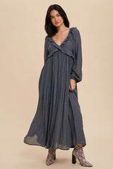 Charcoal Long Sleeve Ruffle Accent Maxi Dress