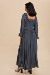 Charcoal Long Sleeve Ruffle Accent Maxi Dress