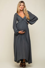 Charcoal Long Sleeve Ruffle Accent Maternity Maxi Dress