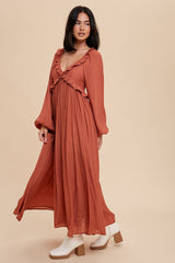 Rust Long Sleeve Ruffle Accent Maxi Dress