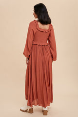 Rust Long Sleeve Ruffle Accent Maxi Dress