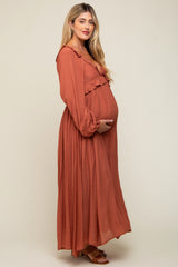 Rust Long Sleeve Ruffle Accent Maternity Maxi Dress