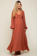 Rust Long Sleeve Ruffle Accent Maternity Maxi Dress