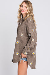 Mocha Corduroy Floral Button Front Collared Top