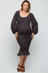 Black Floral Smocked Fitted Long Sleeve Plus Maternity Midi Dress