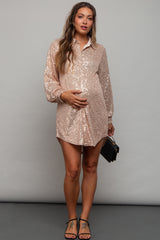 Beige Sequin Long Sleeve Maternity Shirt Dress