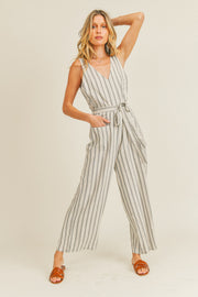 Ivory Stripe Linen Waist Tie Jumpsuit