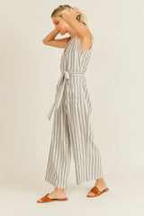 Ivory Stripe Linen Waist Tie Jumpsuit