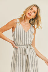 Ivory Stripe Linen Waist Tie Jumpsuit