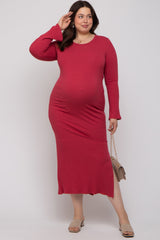 Red Ribbed Side Slit Maternity Plus Maxi Dress