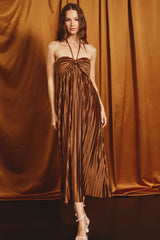 Brown Pleated Halter Maternity Maxi Dress