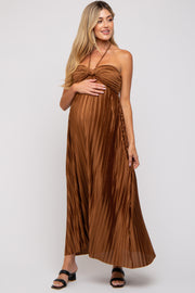 Brown Pleated Halter Maternity Maxi Dress