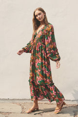 Camel Floral Ruffle Accent Deep V-Neck Maxi Dress