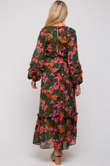 Camel Floral Ruffle Accent Deep V-Neck Maternity Maxi Dress