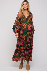 Camel Floral Ruffle Accent Deep V-Neck Maternity Maxi Dress