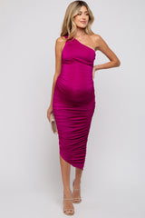 Magenta Ruched Asymmetrical Maternity Maxi Dress