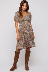 Mocha Floral Smocked Square Neck Short Sleeve Dress