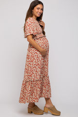 Beige Floral Smocked Flutter Short Sleeve Maternity Midi Dress