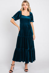 Teal Velvet Tiered Midi Dress