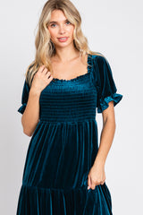 Teal Velvet Tiered Midi Dress