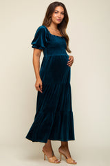 Teal Velvet Tiered Maternity Midi Dress