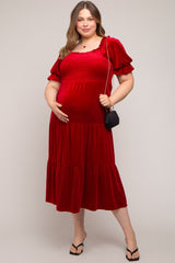 Red Velvet Tiered Maternity Plus Midi Dress