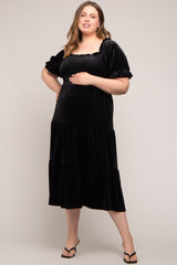 Black Velvet Tiered Maternity Plus Midi Dress